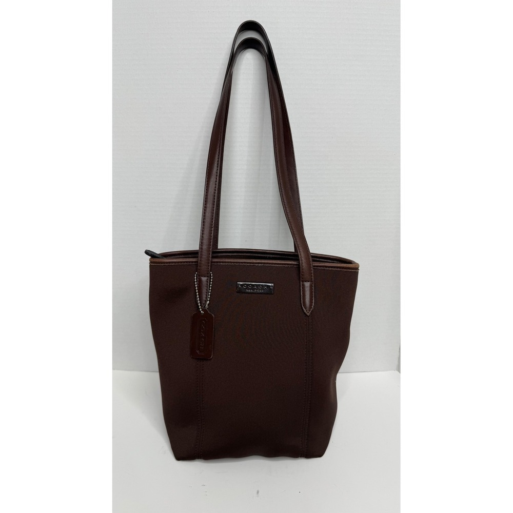 Coach Brown Neoprene Leather Trim Tote Bag Silver Logo Zip Top Shoulder Bag